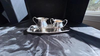 MERIDIAN, SILVER PLATE COMPANY QUADRUPLE PLATE, PICKLE SERVER, AND SHEFFIELD SILVER CREAM AND SUGAR BOWLS