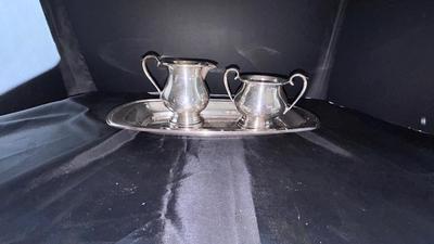 MERIDIAN, SILVER PLATE COMPANY QUADRUPLE PLATE, PICKLE SERVER, AND SHEFFIELD SILVER CREAM AND SUGAR BOWLS
