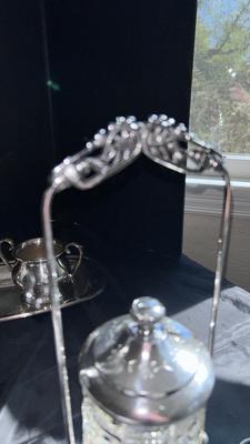 MERIDIAN, SILVER PLATE COMPANY QUADRUPLE PLATE, PICKLE SERVER, AND SHEFFIELD SILVER CREAM AND SUGAR BOWLS