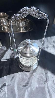 MERIDIAN, SILVER PLATE COMPANY QUADRUPLE PLATE, PICKLE SERVER, AND SHEFFIELD SILVER CREAM AND SUGAR BOWLS