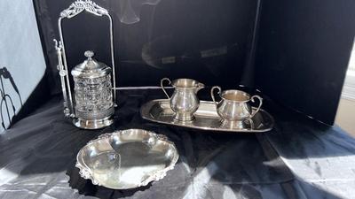 MERIDIAN, SILVER PLATE COMPANY QUADRUPLE PLATE, PICKLE SERVER, AND SHEFFIELD SILVER CREAM AND SUGAR BOWLS