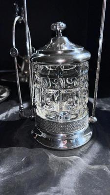 MERIDIAN, SILVER PLATE COMPANY QUADRUPLE PLATE, PICKLE SERVER, AND SHEFFIELD SILVER CREAM AND SUGAR BOWLS