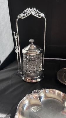 MERIDIAN, SILVER PLATE COMPANY QUADRUPLE PLATE, PICKLE SERVER, AND SHEFFIELD SILVER CREAM AND SUGAR BOWLS