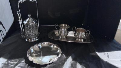 MERIDIAN, SILVER PLATE COMPANY QUADRUPLE PLATE, PICKLE SERVER, AND SHEFFIELD SILVER CREAM AND SUGAR BOWLS
