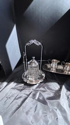 MERIDIAN, SILVER PLATE COMPANY QUADRUPLE PLATE, PICKLE SERVER, AND SHEFFIELD SILVER CREAM AND SUGAR BOWLS