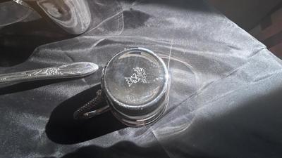 SILVER RIMMED CUT GLASS PUNCH BOWL AND DeWERTI SILVER CUPS