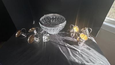 SILVER RIMMED CUT GLASS PUNCH BOWL AND DeWERTI SILVER CUPS