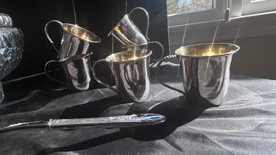 SILVER RIMMED CUT GLASS PUNCH BOWL AND DeWERTI SILVER CUPS