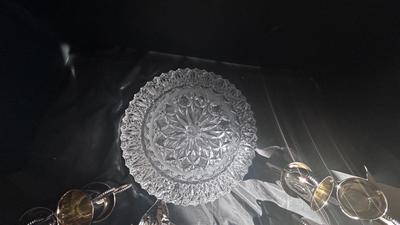 SILVER RIMMED CUT GLASS PUNCH BOWL AND DeWERTI SILVER CUPS