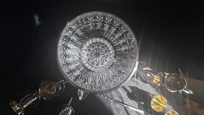 SILVER RIMMED CUT GLASS PUNCH BOWL AND DeWERTI SILVER CUPS