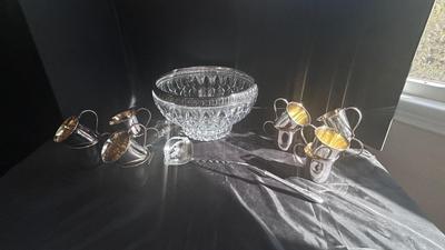 SILVER RIMMED CUT GLASS PUNCH BOWL AND DeWERTI SILVER CUPS