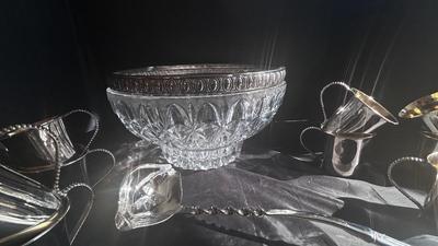 SILVER RIMMED CUT GLASS PUNCH BOWL AND DeWERTI SILVER CUPS