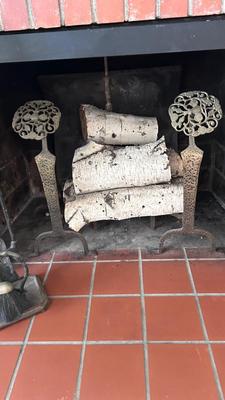 HAMMERED MEDALLION ANDIRONS AND MATCHING FIREPLACE TOOLS