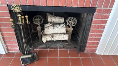 HAMMERED MEDALLION ANDIRONS AND MATCHING FIREPLACE TOOLS