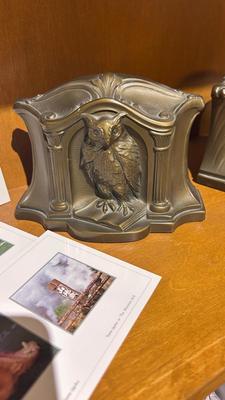 BRASS OWL BOOKENDS AND PHOTO POSTCARDS BY YOSHINORI KAMIKAWA