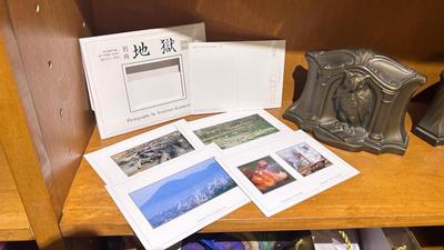 BRASS OWL BOOKENDS AND PHOTO POSTCARDS BY YOSHINORI KAMIKAWA