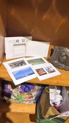BRASS OWL BOOKENDS AND PHOTO POSTCARDS BY YOSHINORI KAMIKAWA