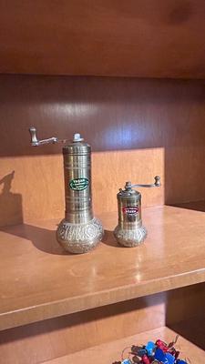 BRASS TURKISH STYLE MANUAL SPICE AND COFFEE GRINDERS WITH COLLECTION CHAMBER