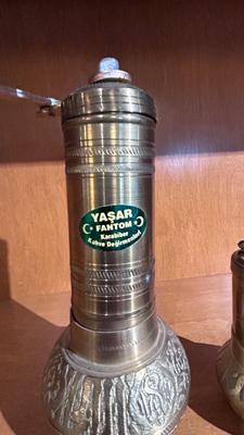 BRASS TURKISH STYLE MANUAL SPICE AND COFFEE GRINDERS WITH COLLECTION CHAMBER