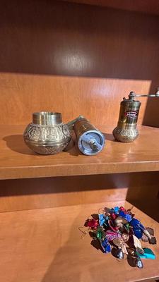 BRASS TURKISH STYLE MANUAL SPICE AND COFFEE GRINDERS WITH COLLECTION CHAMBER