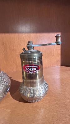 BRASS TURKISH STYLE MANUAL SPICE AND COFFEE GRINDERS WITH COLLECTION CHAMBER