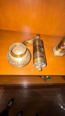 BRASS TURKISH STYLE MANUAL SPICE AND COFFEE GRINDERS WITH COLLECTION CHAMBER