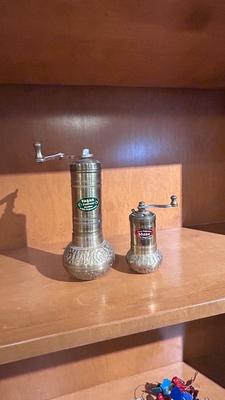 BRASS TURKISH STYLE MANUAL SPICE AND COFFEE GRINDERS WITH COLLECTION CHAMBER