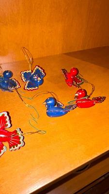 HANDMADE AND PAINTED WOODEN CHRISTMAS ORNAMENTS-AND PILLOW