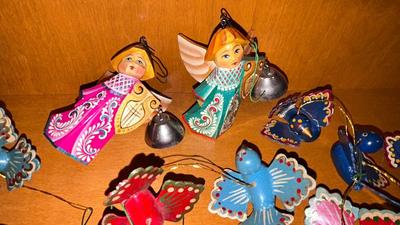 HANDMADE AND PAINTED WOODEN CHRISTMAS ORNAMENTS-AND PILLOW