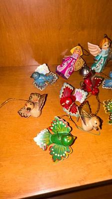 HANDMADE AND PAINTED WOODEN CHRISTMAS ORNAMENTS-AND PILLOW