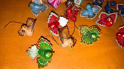 HANDMADE AND PAINTED WOODEN CHRISTMAS ORNAMENTS-AND PILLOW