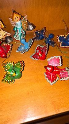 HANDMADE AND PAINTED WOODEN CHRISTMAS ORNAMENTS-AND PILLOW