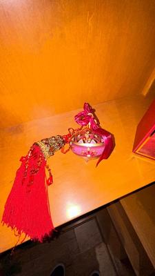 PRETTY HAND PAINTED GLASS ORNAMENTS AND CENTERPIECE
