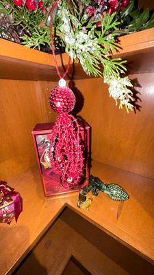 PRETTY HAND PAINTED GLASS ORNAMENTS AND CENTERPIECE
