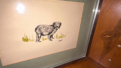 2 FRAMED DRAWINGS BY J. BOGARD AND FRUIT SWAG