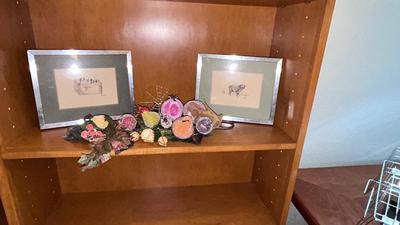 2 FRAMED DRAWINGS BY J. BOGARD AND FRUIT SWAG