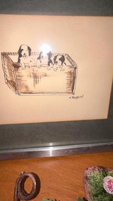 2 FRAMED DRAWINGS BY J. BOGARD AND FRUIT SWAG