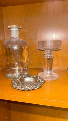 APOTHECARY JAR, CANDLE HOLDER, PEWTER DISH, ANTIQUE IRON STAND AND OTHER IRON DOODAD