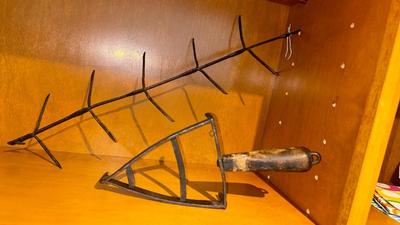 APOTHECARY JAR, CANDLE HOLDER, PEWTER DISH, ANTIQUE IRON STAND AND OTHER IRON DOODAD