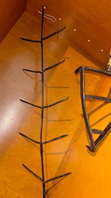APOTHECARY JAR, CANDLE HOLDER, PEWTER DISH, ANTIQUE IRON STAND AND OTHER IRON DOODAD