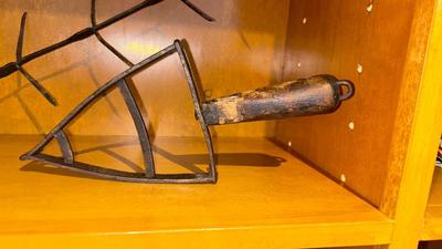 APOTHECARY JAR, CANDLE HOLDER, PEWTER DISH, ANTIQUE IRON STAND AND OTHER IRON DOODAD
