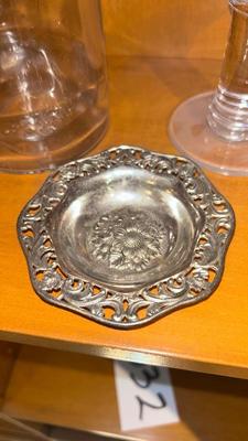 APOTHECARY JAR, CANDLE HOLDER, PEWTER DISH, ANTIQUE IRON STAND AND OTHER IRON DOODAD