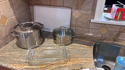 BAKING SHEET, STAINLESS STEEL COOKWARE AND PYREX CASSEROLE/CAKE PAN