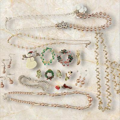 Lot of Costume Jewelry Including Christmas/Holiday Gold