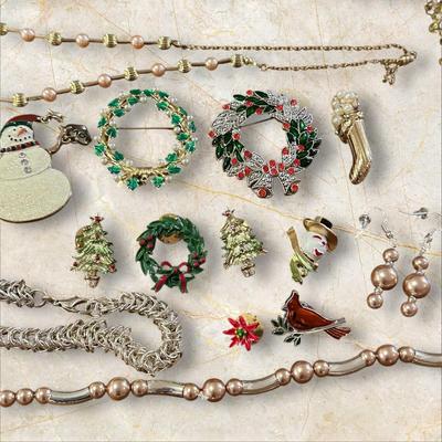 Lot of Costume Jewelry Including Christmas/Holiday Gold