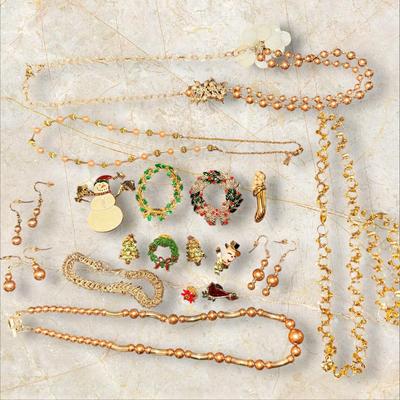 Lot of Costume Jewelry Including Christmas/Holiday Gold