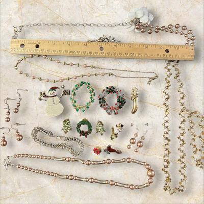 Lot of Costume Jewelry Including Christmas/Holiday Gold