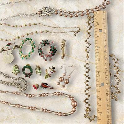 Lot of Costume Jewelry Including Christmas/Holiday Gold
