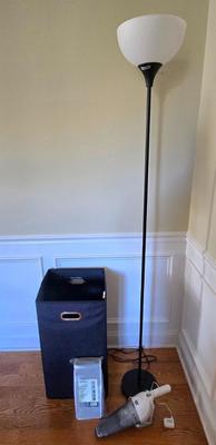LOT 208H: Dorm Room Essentials/ Floor Lamp, Clothes Hamper, Hanging Shelf Organizer, and Hand Vacuum
