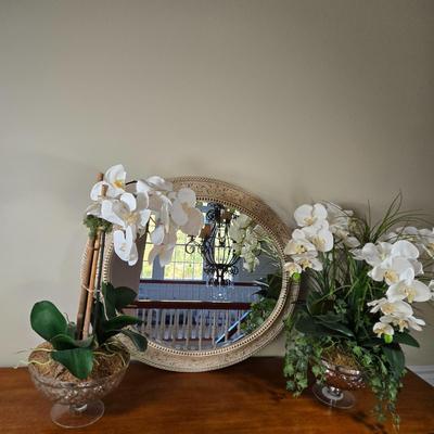 LOT 209H: Two Silk Arrangements in Glass Bowls and Decorative Mirror with Ornate Frame
